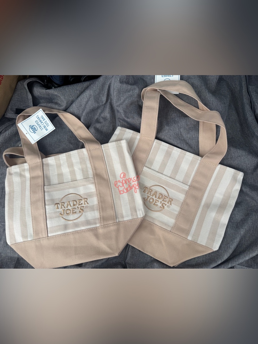 (2) SET Trader Joe’s Stripe Mini Canvas Tote Bags- 2 Beige TOGETHER NEW With Tag